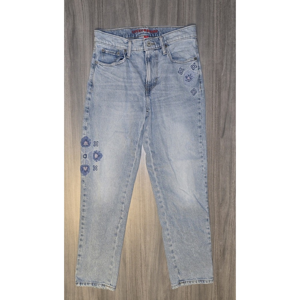 Lucky Brand Mid Rise Relaxed Straight Light Wash Jeans Floral Embroidered Sz 2
